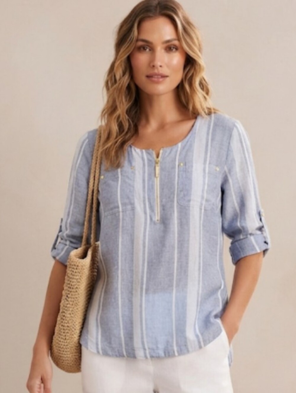 Ellen Tracy Linen Shirt Womens Large Striped‎ Zip Pullover Roll Tab Sleeve Top